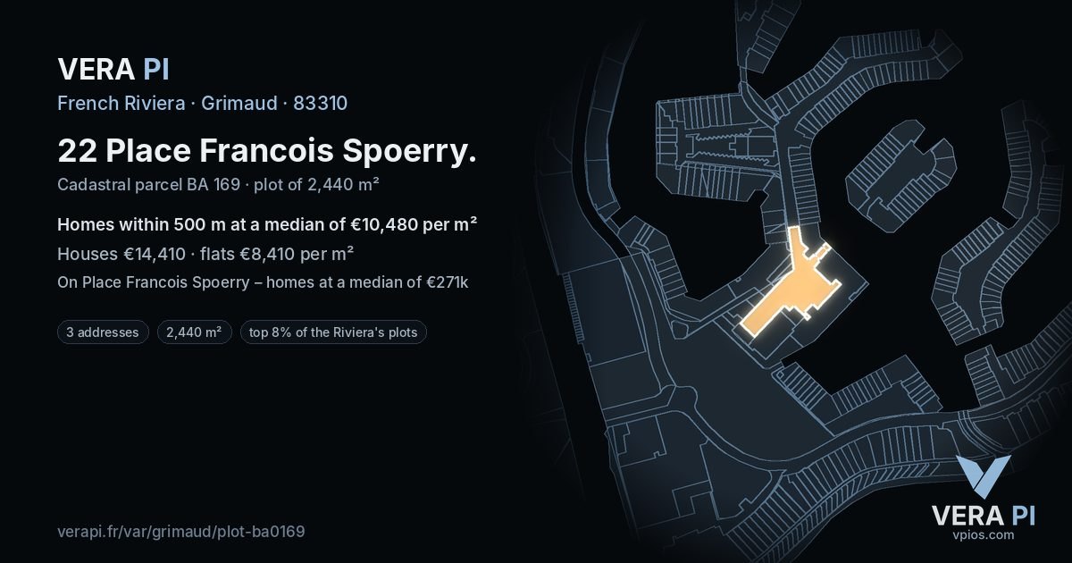 22 Place Francois Spoerry, Grimaud at night – the plot lit, the parcels around coloured by the prices near them