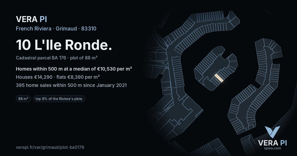 10 L'Ile Ronde, Grimaud at night – the plot lit, the parcels around coloured by the prices near them