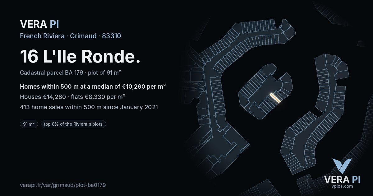16 L'Ile Ronde, Grimaud at night – the plot lit, the parcels around coloured by the prices near them
