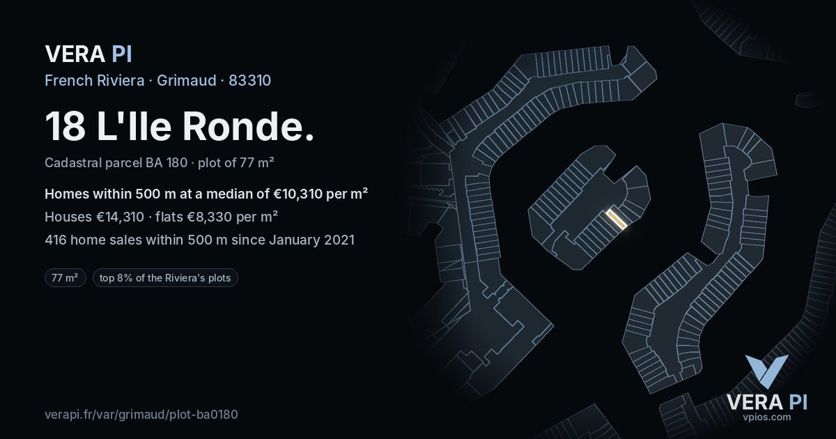 18 L'Ile Ronde, Grimaud at night – the plot lit, the parcels around coloured by the prices near them