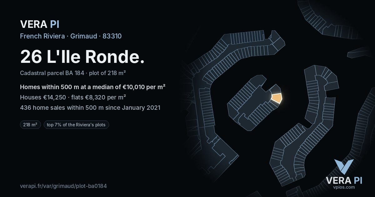 26 L'Ile Ronde, Grimaud at night – the plot lit, the parcels around coloured by the prices near them