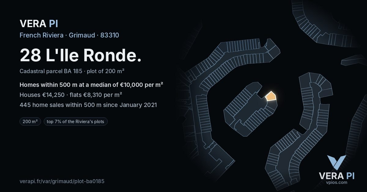28 L'Ile Ronde, Grimaud at night – the plot lit, the parcels around coloured by the prices near them