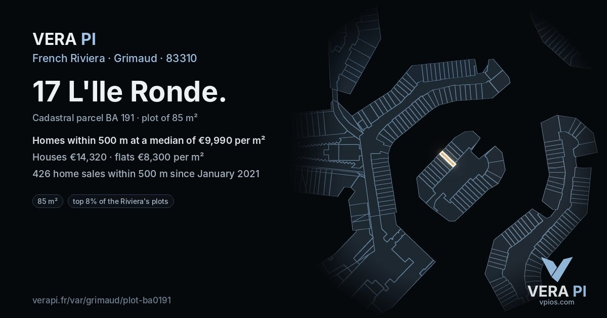 17 L'Ile Ronde, Grimaud at night – the plot lit, the parcels around coloured by the prices near them