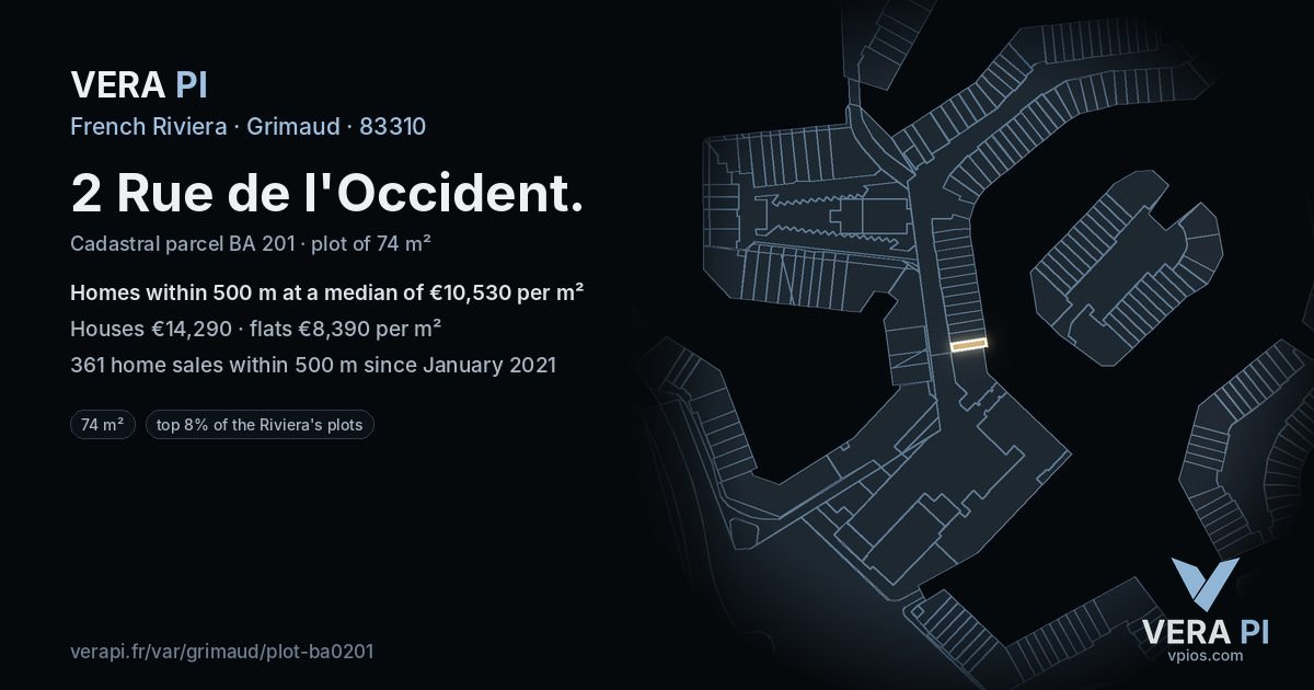 2 Rue de l'Occident, Grimaud at night – the plot lit, the parcels around coloured by the prices near them