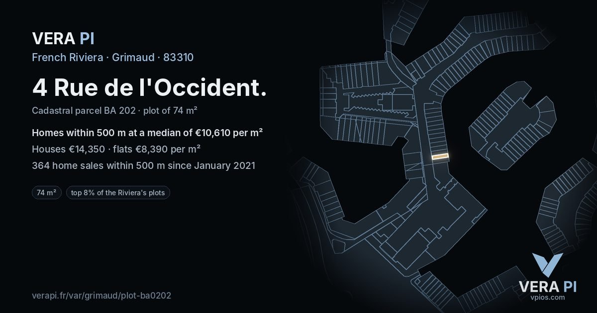 4 Rue de l'Occident, Grimaud at night – the plot lit, the parcels around coloured by the prices near them