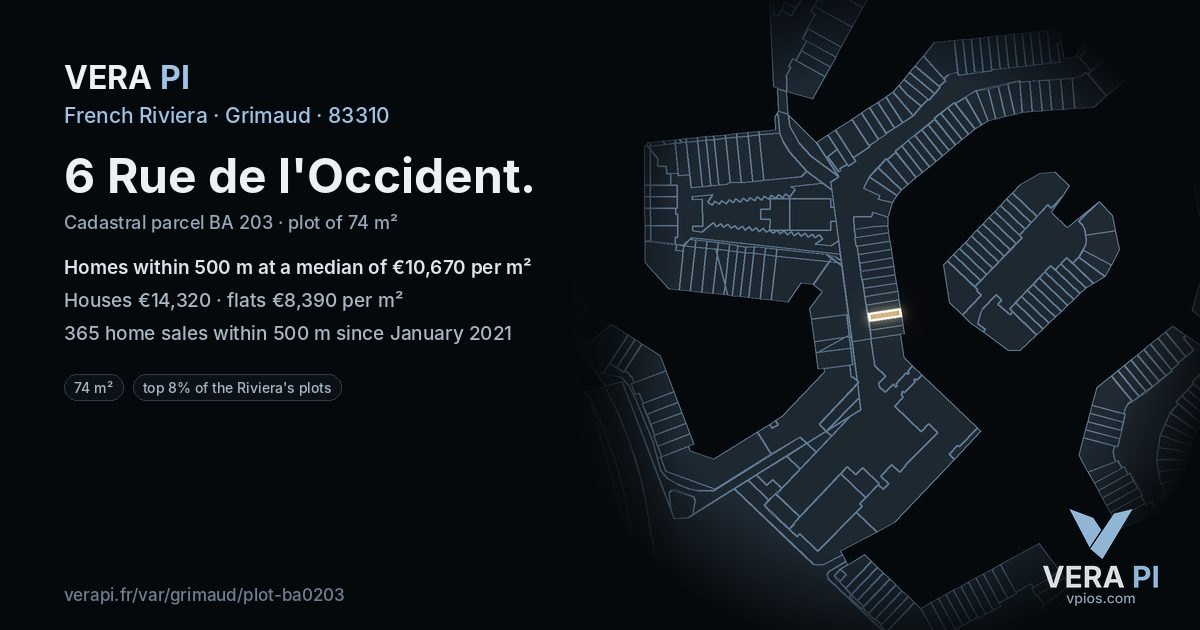 6 Rue de l'Occident, Grimaud at night – the plot lit, the parcels around coloured by the prices near them