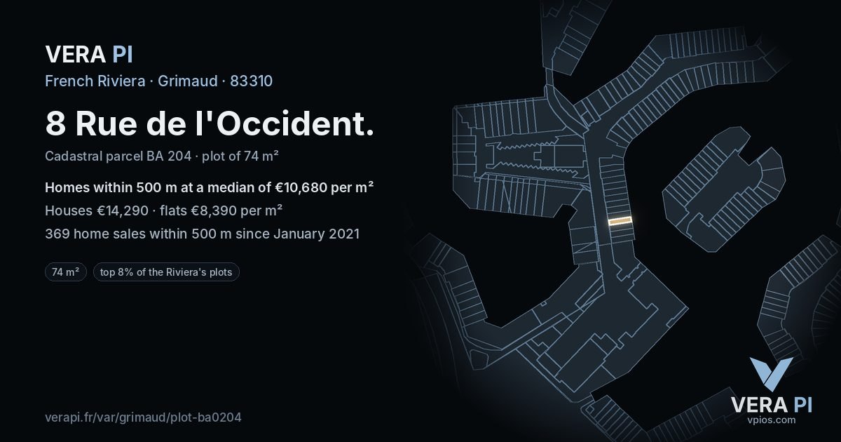 8 Rue de l'Occident, Grimaud at night – the plot lit, the parcels around coloured by the prices near them