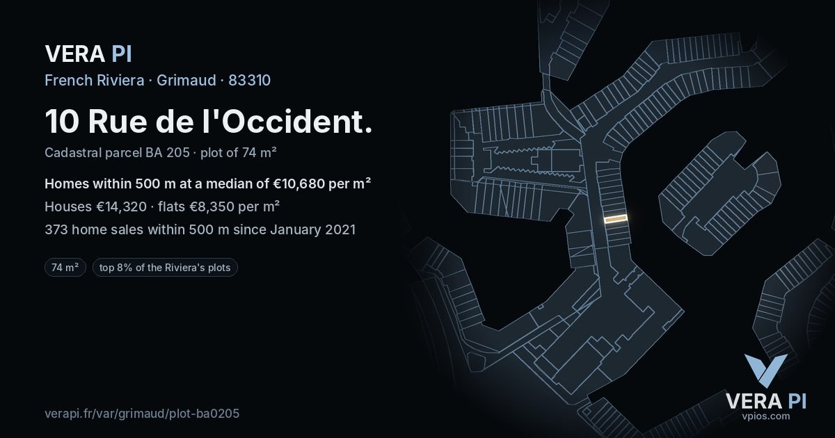 10 Rue de l'Occident, Grimaud at night – the plot lit, the parcels around coloured by the prices near them