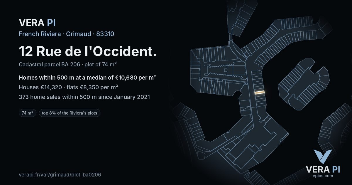 12 Rue de l'Occident, Grimaud at night – the plot lit, the parcels around coloured by the prices near them