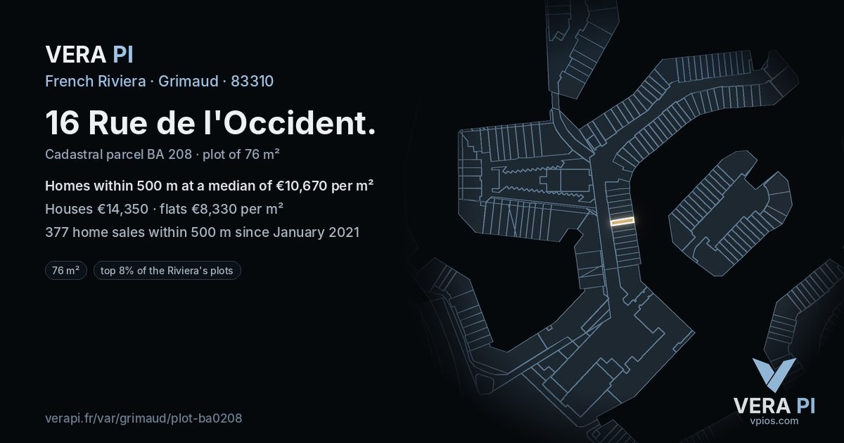 16 Rue de l'Occident, Grimaud at night – the plot lit, the parcels around coloured by the prices near them