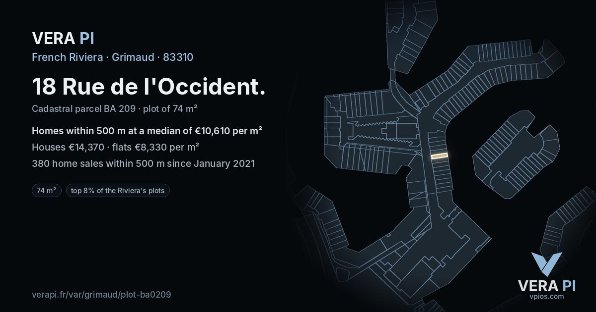 18 Rue de l'Occident, Grimaud at night – the plot lit, the parcels around coloured by the prices near them
