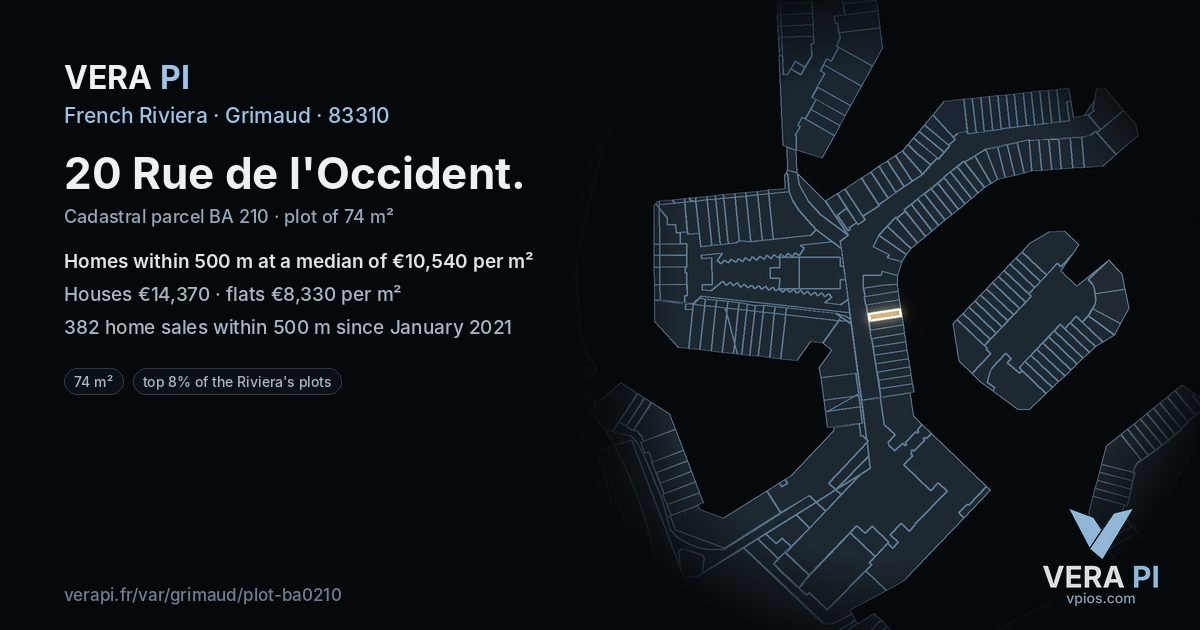 20 Rue de l'Occident, Grimaud at night – the plot lit, the parcels around coloured by the prices near them