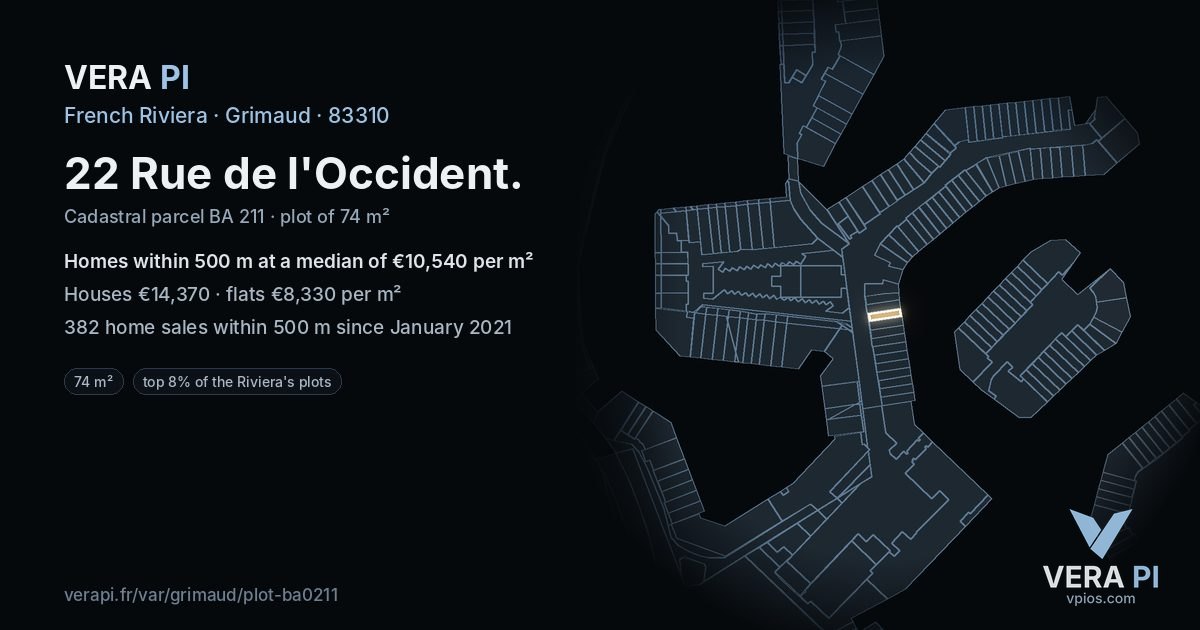 22 Rue de l'Occident, Grimaud at night – the plot lit, the parcels around coloured by the prices near them