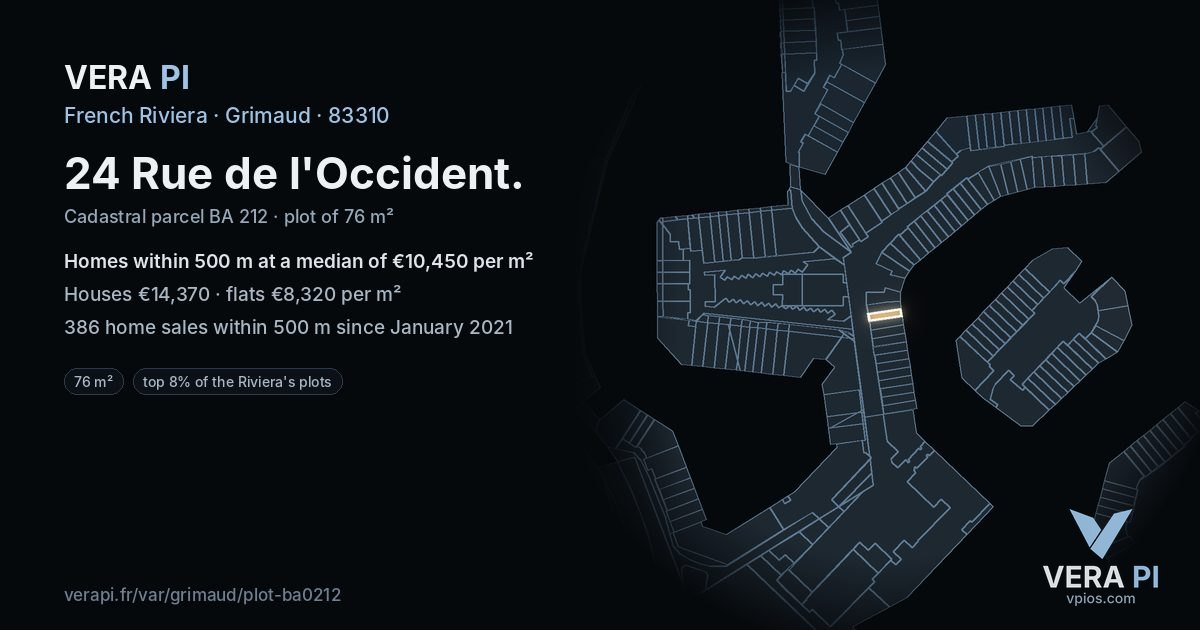 24 Rue de l'Occident, Grimaud at night – the plot lit, the parcels around coloured by the prices near them
