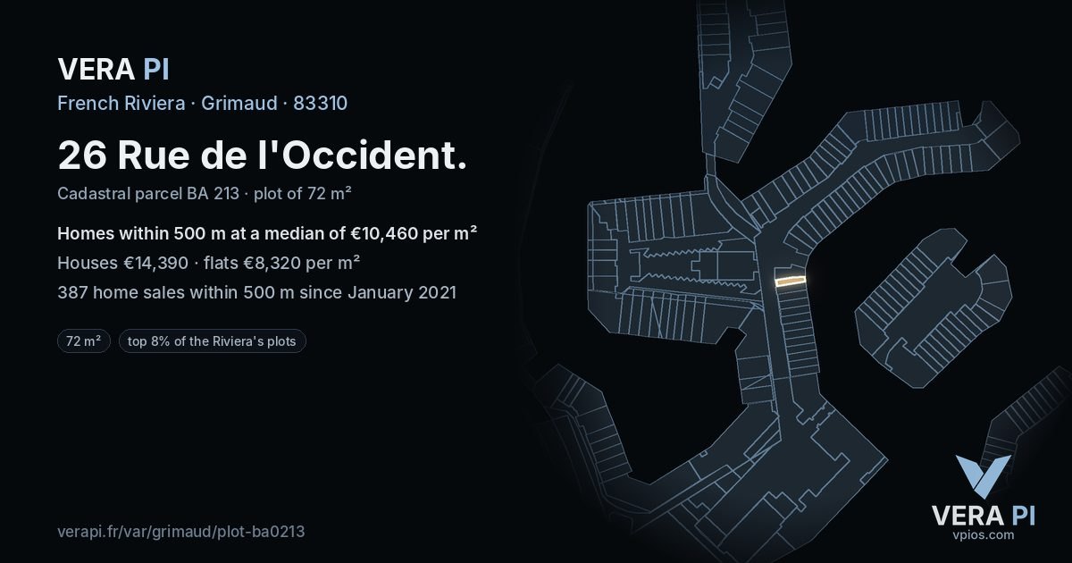 26 Rue de l'Occident, Grimaud at night – the plot lit, the parcels around coloured by the prices near them