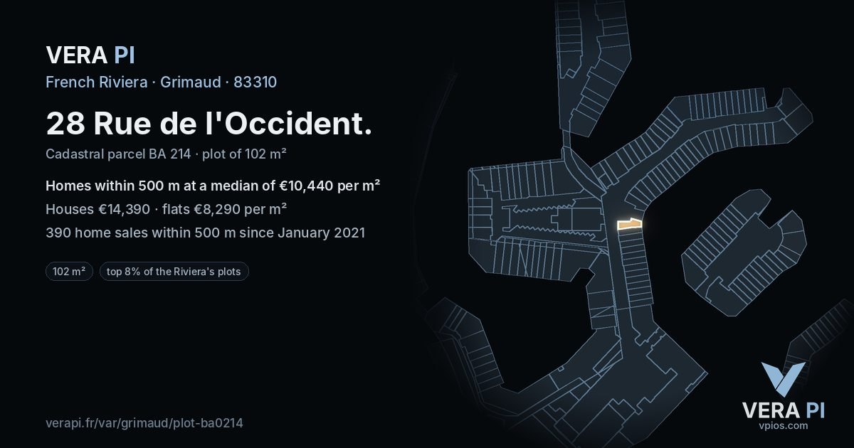 28 Rue de l'Occident, Grimaud at night – the plot lit, the parcels around coloured by the prices near them
