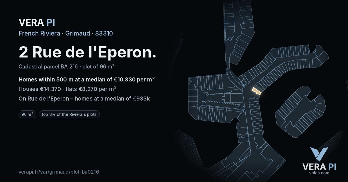2 Rue de l'Eperon, Grimaud at night – the plot lit, the parcels around coloured by the prices near them