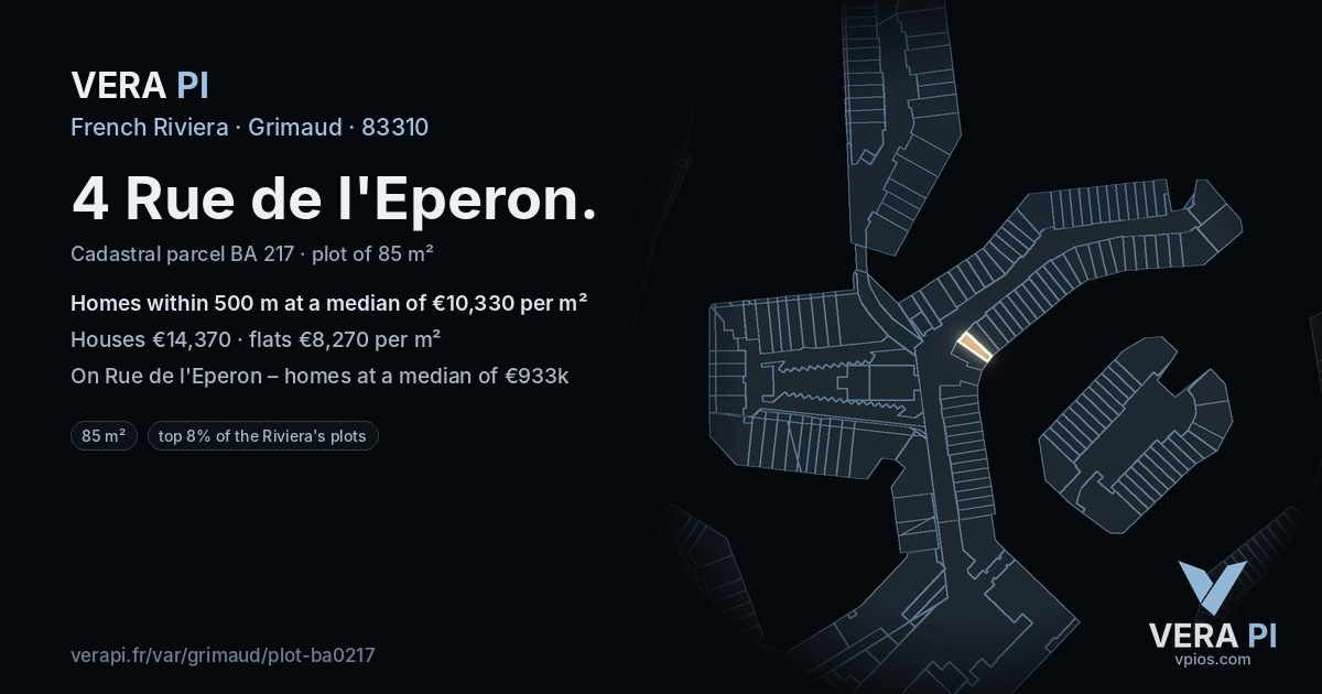 4 Rue de l'Eperon, Grimaud at night – the plot lit, the parcels around coloured by the prices near them