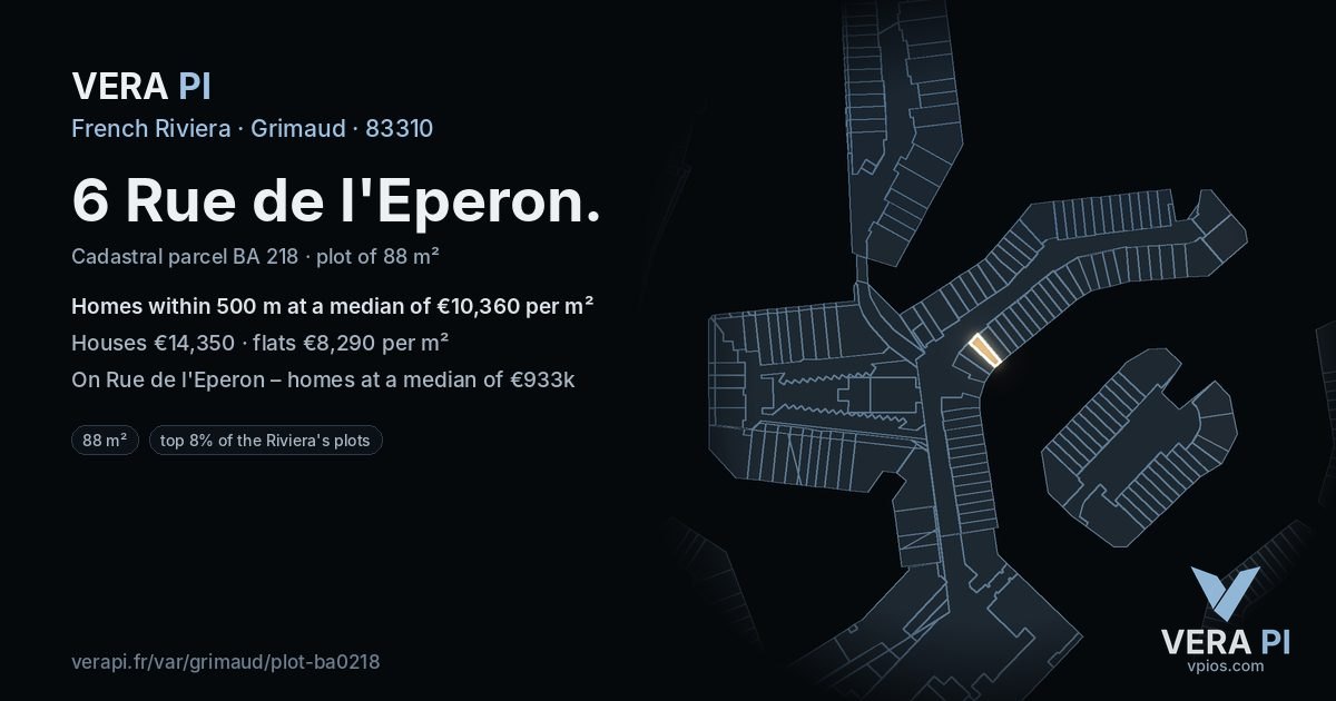 6 Rue de l'Eperon, Grimaud at night – the plot lit, the parcels around coloured by the prices near them
