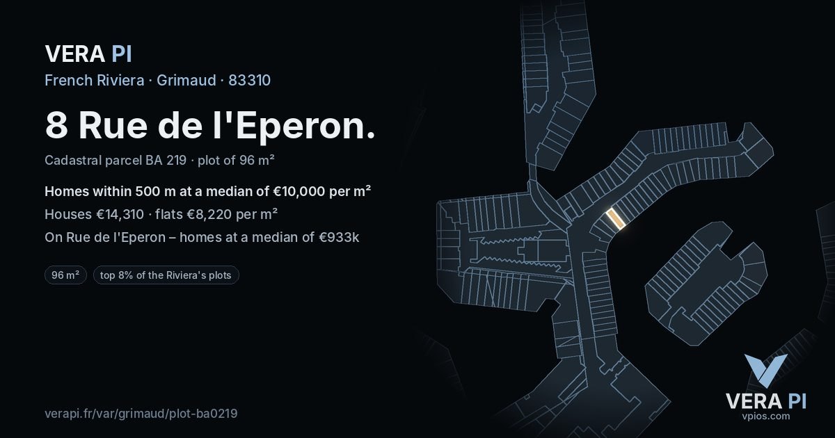 8 Rue de l'Eperon, Grimaud at night – the plot lit, the parcels around coloured by the prices near them
