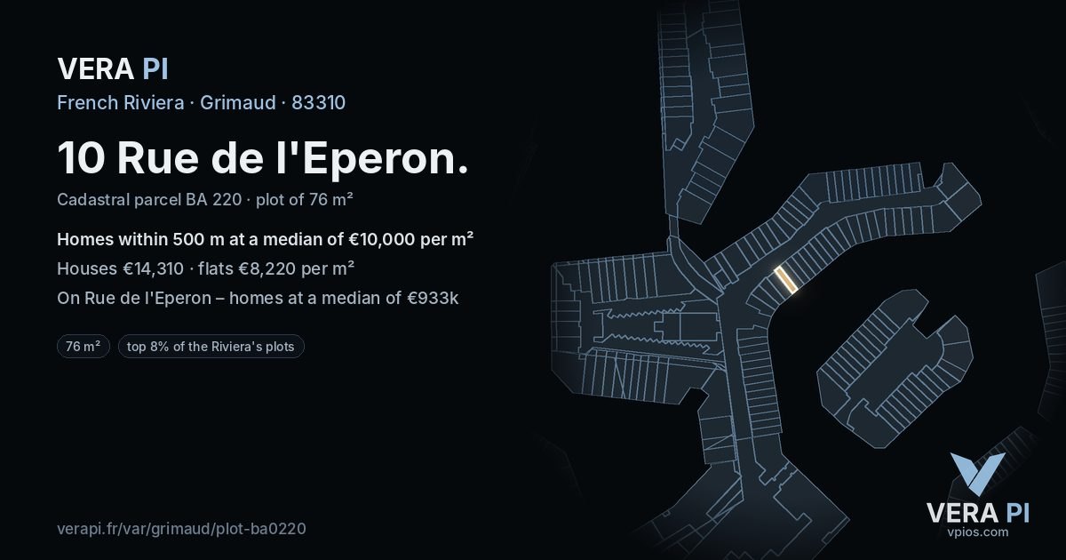 10 Rue de l'Eperon, Grimaud at night – the plot lit, the parcels around coloured by the prices near them
