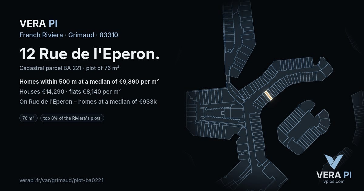 12 Rue de l'Eperon, Grimaud at night – the plot lit, the parcels around coloured by the prices near them