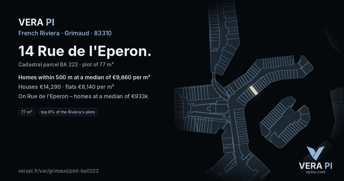 14 Rue de l'Eperon, Grimaud at night – the plot lit, the parcels around coloured by the prices near them