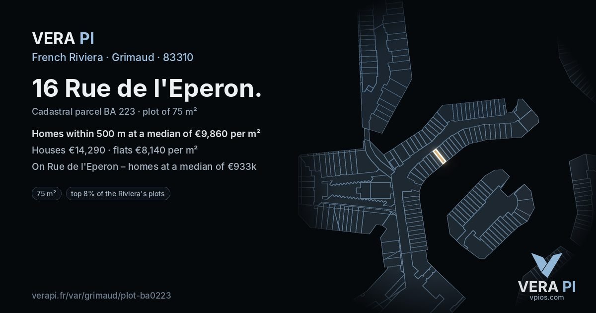 16 Rue de l'Eperon, Grimaud at night – the plot lit, the parcels around coloured by the prices near them