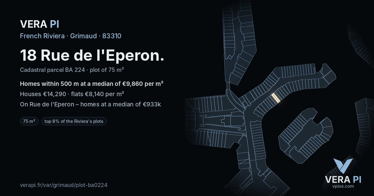 18 Rue de l'Eperon, Grimaud at night – the plot lit, the parcels around coloured by the prices near them