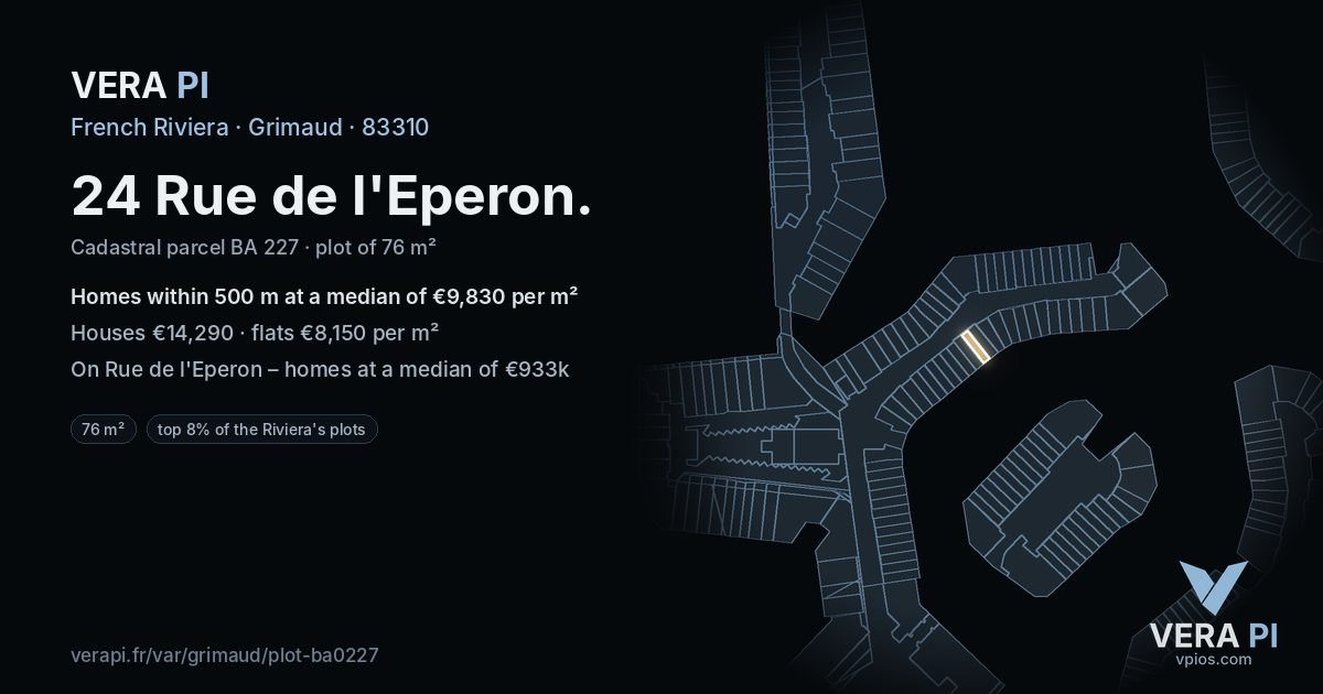 24 Rue de l'Eperon, Grimaud at night – the plot lit, the parcels around coloured by the prices near them