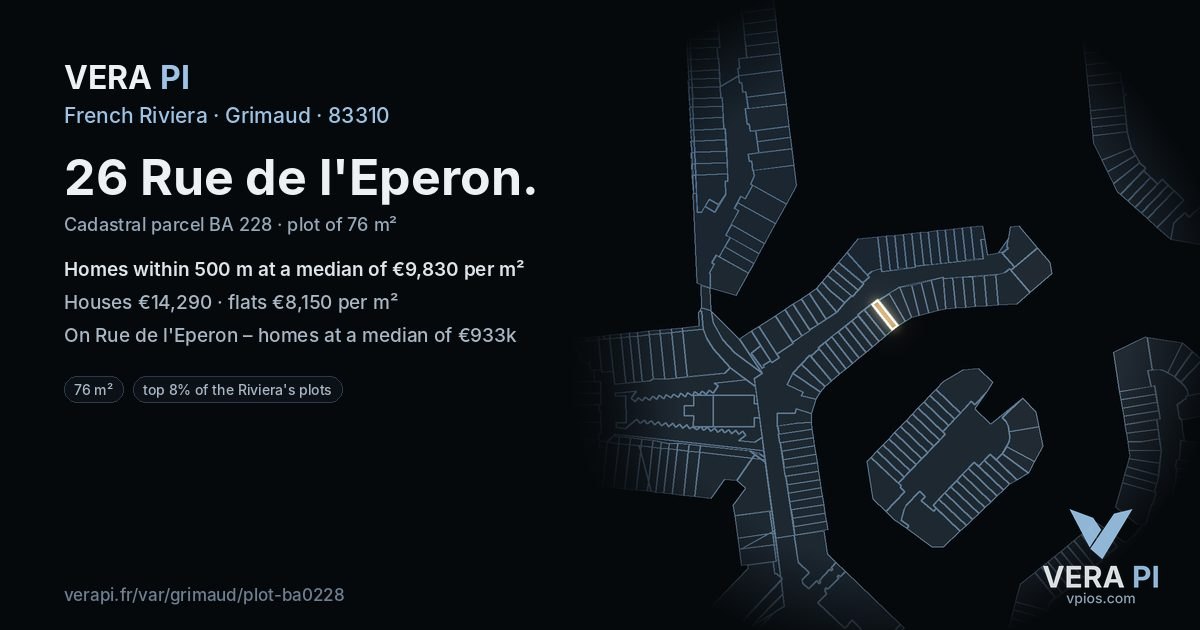 26 Rue de l'Eperon, Grimaud at night – the plot lit, the parcels around coloured by the prices near them
