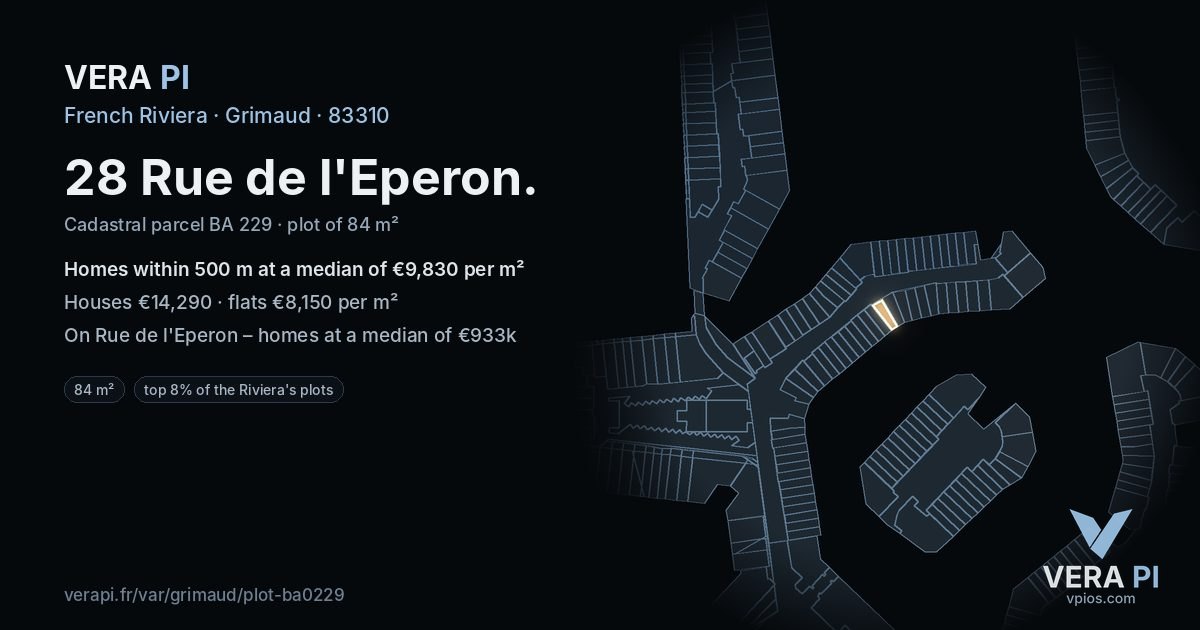 28 Rue de l'Eperon, Grimaud at night – the plot lit, the parcels around coloured by the prices near them