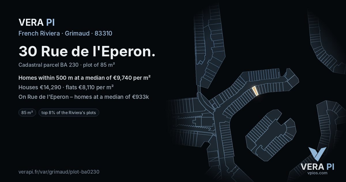 30 Rue de l'Eperon, Grimaud at night – the plot lit, the parcels around coloured by the prices near them