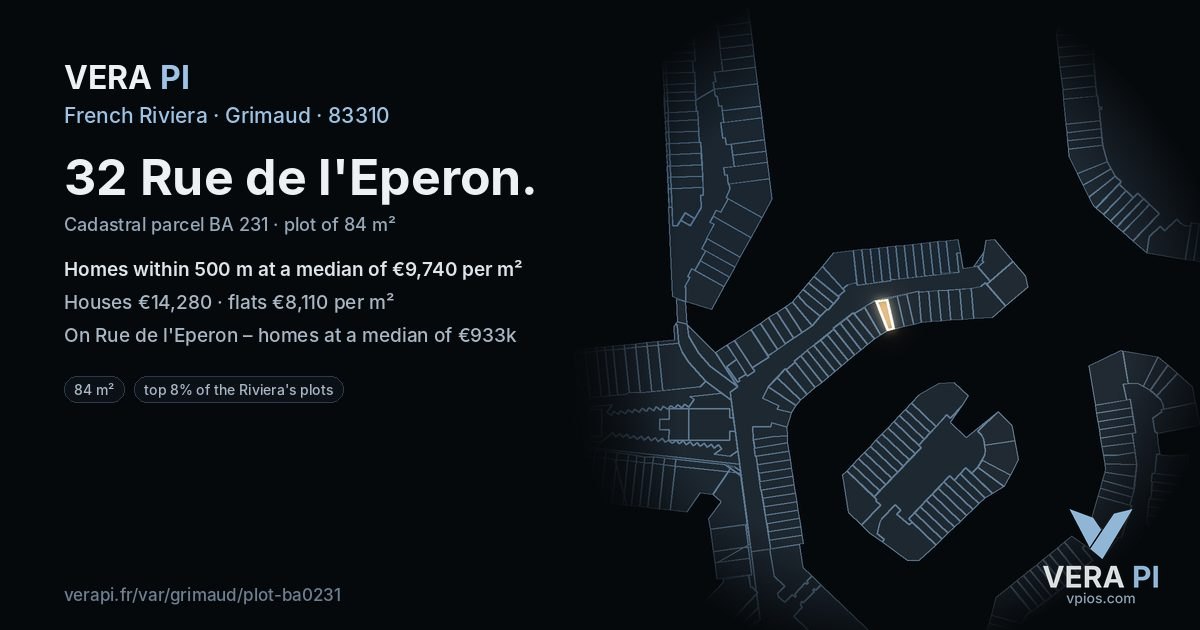 32 Rue de l'Eperon, Grimaud at night – the plot lit, the parcels around coloured by the prices near them