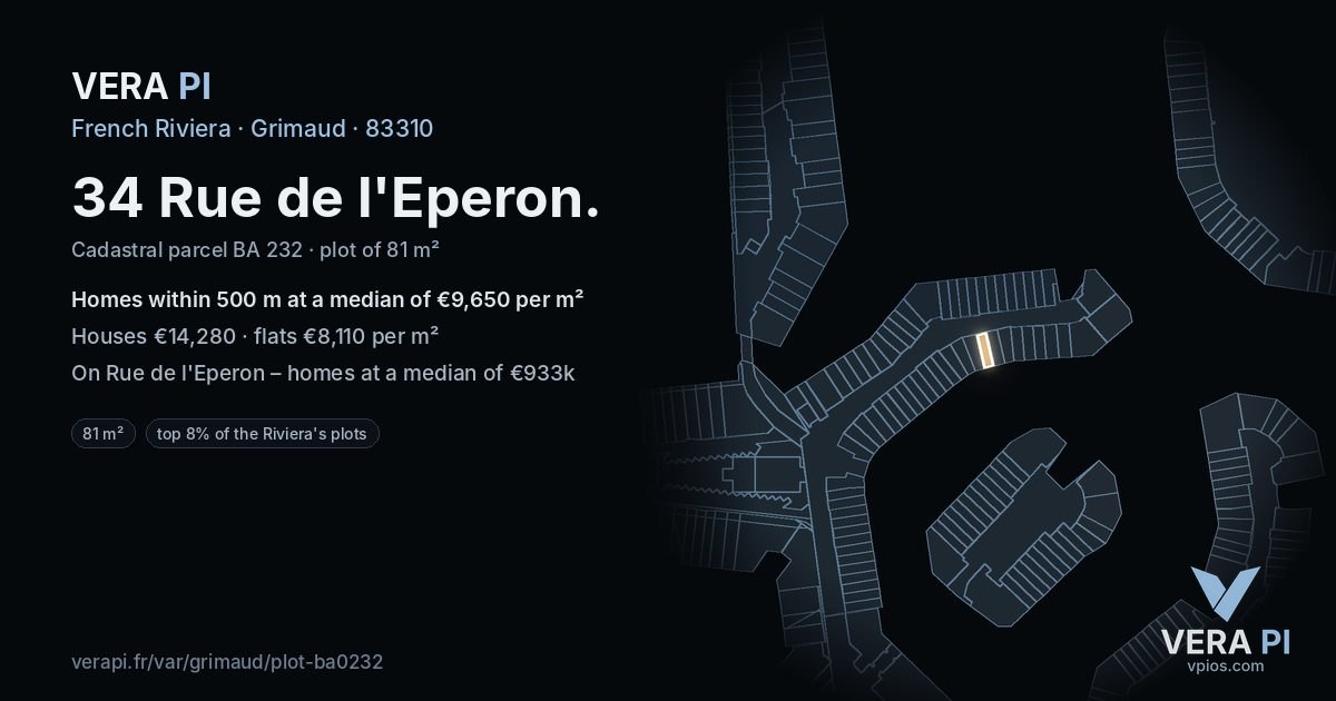 34 Rue de l'Eperon, Grimaud at night – the plot lit, the parcels around coloured by the prices near them