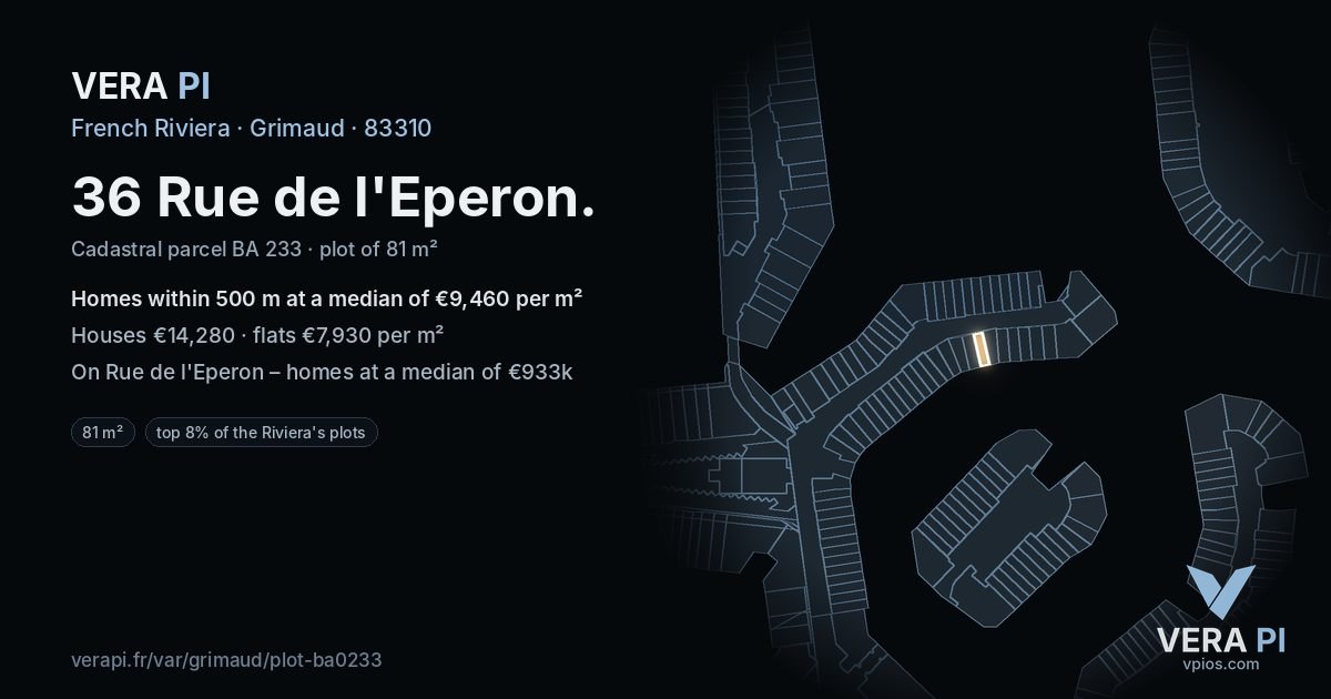 36 Rue de l'Eperon, Grimaud at night – the plot lit, the parcels around coloured by the prices near them