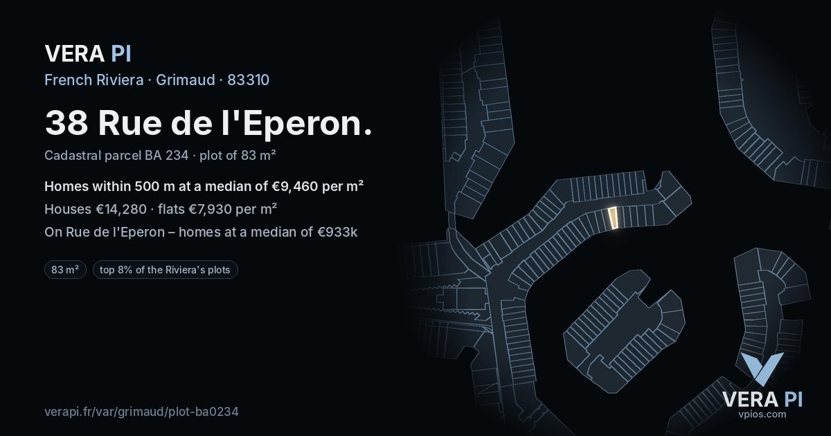 38 Rue de l'Eperon, Grimaud at night – the plot lit, the parcels around coloured by the prices near them