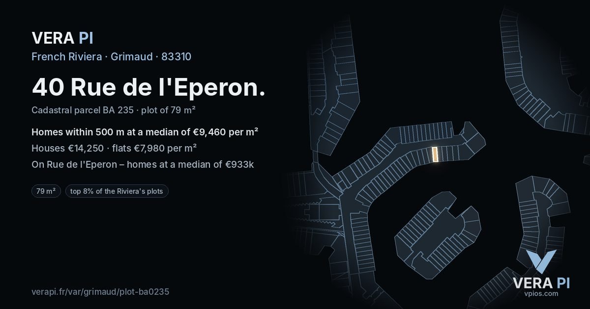 40 Rue de l'Eperon, Grimaud at night – the plot lit, the parcels around coloured by the prices near them