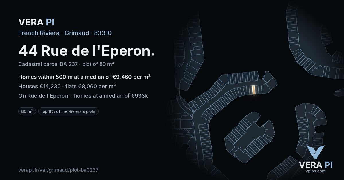 44 Rue de l'Eperon, Grimaud at night – the plot lit, the parcels around coloured by the prices near them
