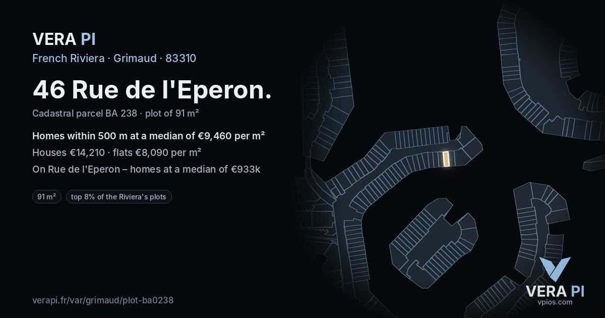 46 Rue de l'Eperon, Grimaud at night – the plot lit, the parcels around coloured by the prices near them