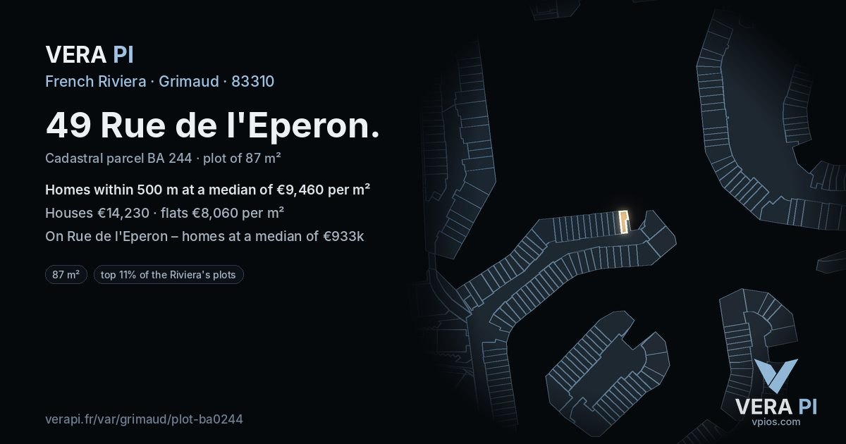 49 Rue de l'Eperon, Grimaud at night – the plot lit, the parcels around coloured by the prices near them