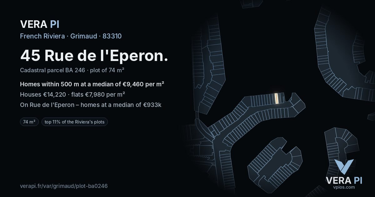 45 Rue de l'Eperon, Grimaud at night – the plot lit, the parcels around coloured by the prices near them
