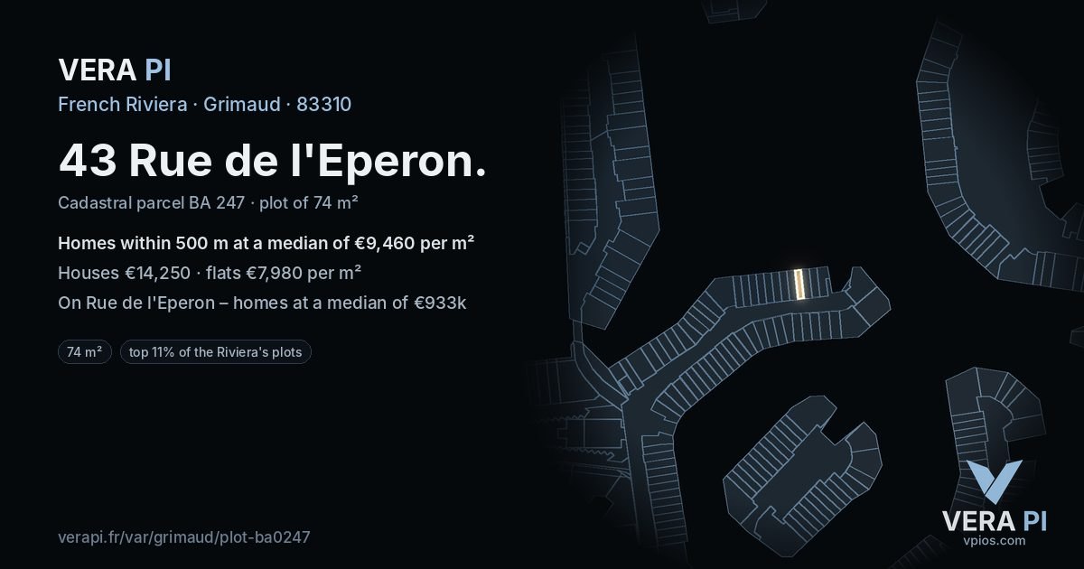 43 Rue de l'Eperon, Grimaud at night – the plot lit, the parcels around coloured by the prices near them