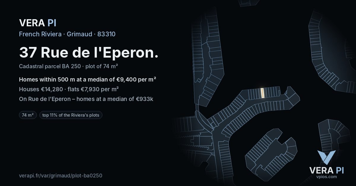 37 Rue de l'Eperon, Grimaud at night – the plot lit, the parcels around coloured by the prices near them