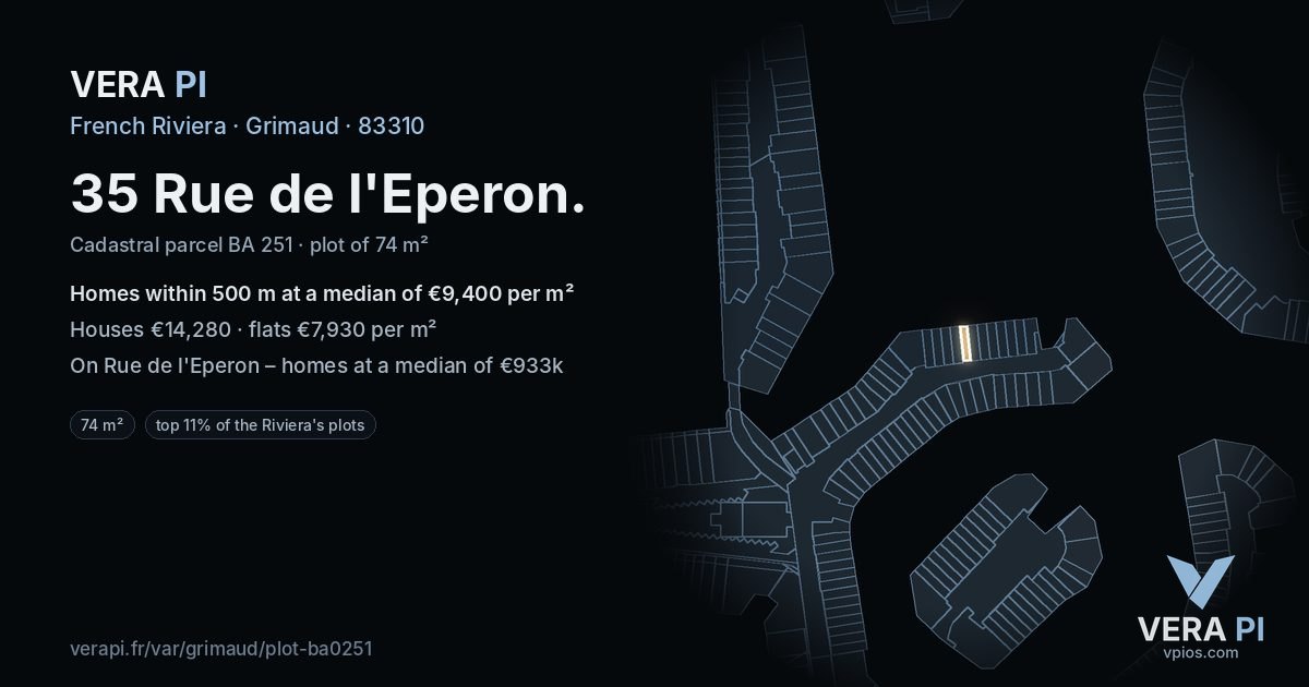 35 Rue de l'Eperon, Grimaud at night – the plot lit, the parcels around coloured by the prices near them