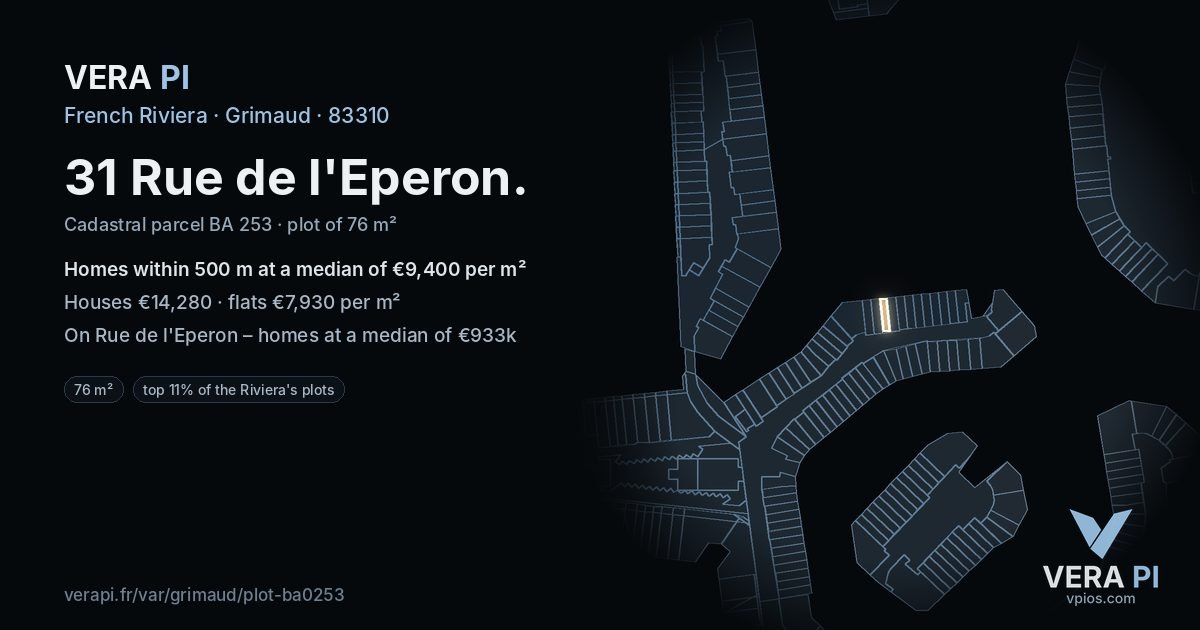 31 Rue de l'Eperon, Grimaud at night – the plot lit, the parcels around coloured by the prices near them