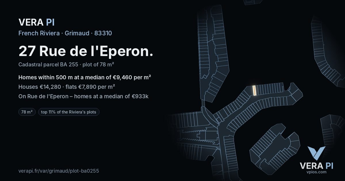 27 Rue de l'Eperon, Grimaud at night – the plot lit, the parcels around coloured by the prices near them
