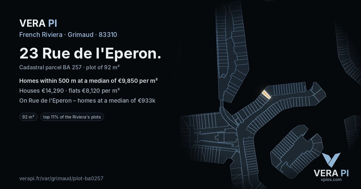 23 Rue de l'Eperon, Grimaud at night – the plot lit, the parcels around coloured by the prices near them