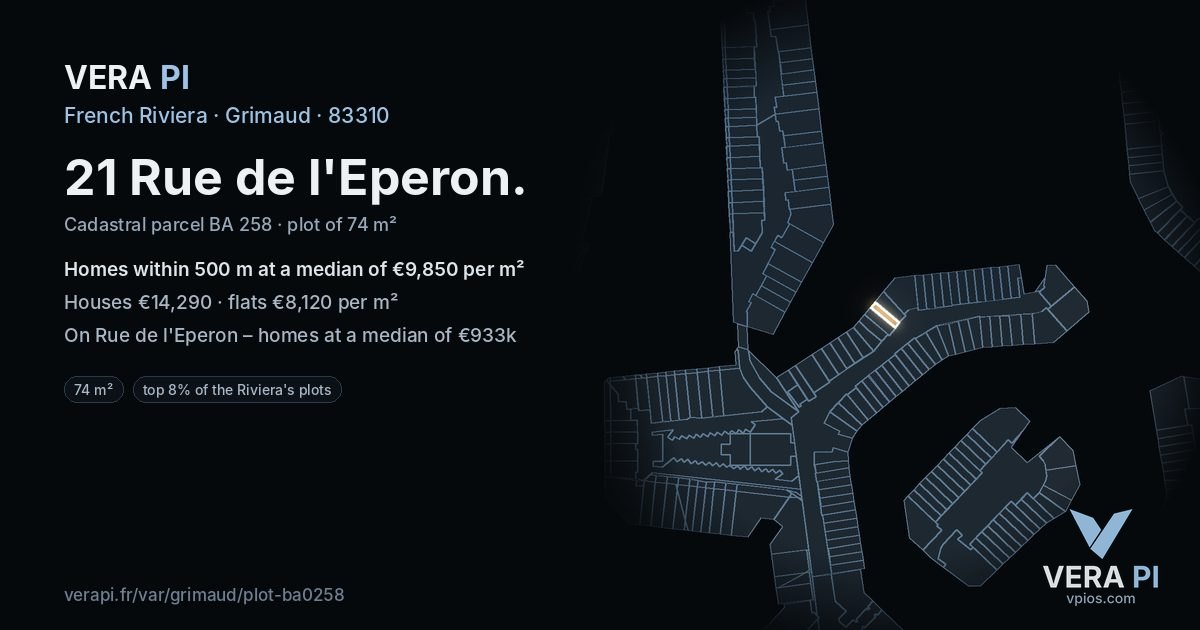 21 Rue de l'Eperon, Grimaud at night – the plot lit, the parcels around coloured by the prices near them