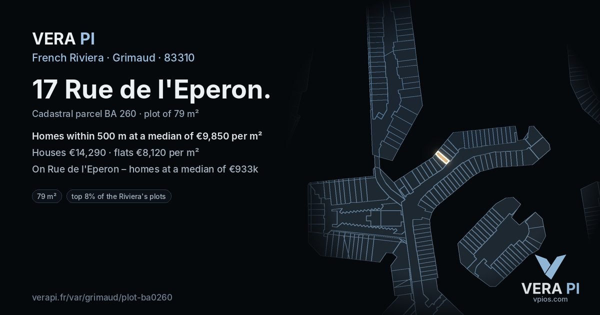 17 Rue de l'Eperon, Grimaud at night – the plot lit, the parcels around coloured by the prices near them